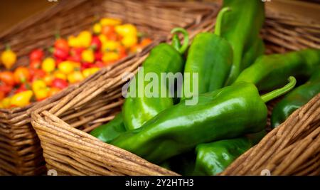 Peperoni piccanti - peperoni Anaheim (peperoncino californiano delicato con unità termiche 500-2,500 Scoville) accanto ai peperoni biquinho in cesti di vimini. Foto Stock