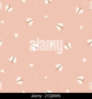 Piccole farfalle color crema con motivo vettoriale senza cuciture su sfondo rosa pesca, per prodotti per bambini. Illustrazione vettoriale Illustrazione Vettoriale