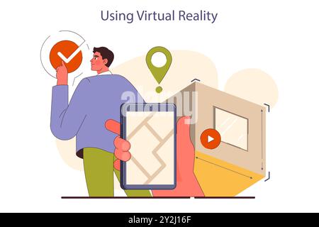 La gente se ne va. Personalizza gli effetti personali e spostati in un nuovo luogo. Tecnologia VR per la ristrutturazione di nuove abitazioni. Uomo che usa il suo telefono per l'arredamento. Illustrazione vettoriale piatta Illustrazione Vettoriale