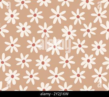 Motivo vettoriale senza cuciture con graziosi fiori bianchi primitivi su beige caldo. Illustrazione vettoriale Illustrazione Vettoriale