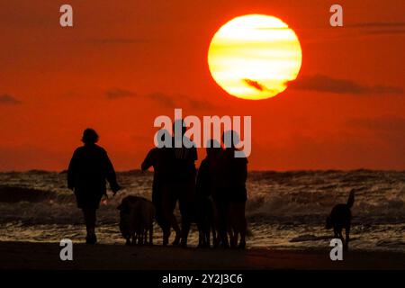 Isola di Palms, Stati Uniti. 10 settembre 2024. Camminatori per cani, sagomati dalla fermata del sole per guardare l'alba lungo la spiaggia, 10 settembre 2024 a Isle of Palms, South Carolina. Crediti: Richard Ellis/Richard Ellis/Alamy Live News Foto Stock