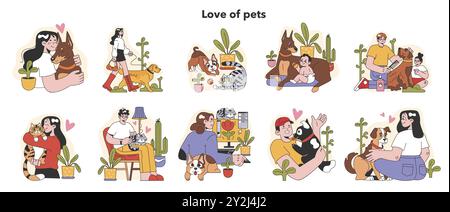 I proprietari di animali domestici sono felici. Donna e uomo passano del tempo con il loro cane e il loro gatto. Animali domestici felici e personaggi trascorrono del tempo insieme. Amicizia tra animale e umano. Illustrazione vettoriale piatta Illustrazione Vettoriale