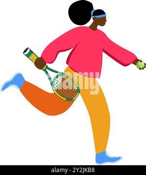 Il tennista corre con una racchetta e una palla da tennis in stile piatto. Illustrazione vettoriale Illustrazione Vettoriale