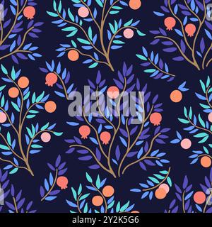 Motivo alla moda senza cuciture con alberi di arancio e melograno a effetto doodle. Graziosa illustrazione vettoriale in stile moderno in delicati colori pastello. Illustrazione Vettoriale