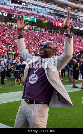 09 settembre 2024 Santa Clara CA U.S.A 49ers di tutti i tempi grande wide receiver Jerry Rice prima della partita NFL Monday Night Football tra i New York Jets e i San Francisco 49ers al Levi Stadium di San Francisco California. Thurman James/CSM Foto Stock