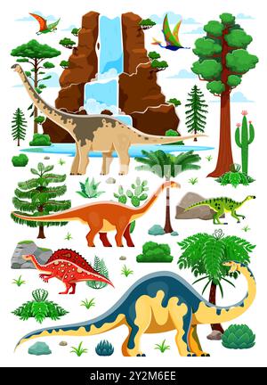 Dinosauri preistorici in un paesaggio lussureggiante. Insieme vettoriale di specie di dinosauro in un ambiente naturale con scogliere, cascate, piante, alberi, felci e rocce, creando un ambiente preistorico dinamico e vivace Illustrazione Vettoriale