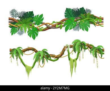 Ramo di liana nella foresta tropicale della giungla. Vigne e boschetti della foresta pluviale vettoriale dei cartoni animati. Flora amazzonica o africana appesa a piante del superpore. Fogliame tropicale isolato, elementi della gui di spinney, paesaggio di gioco Illustrazione Vettoriale