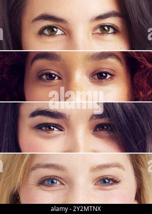 Donne, occhi e diversità con collage per bellezza naturale, raccolta multirazziale o serie di pigmentazione cutanea. Primo piano, persone e ciglia con cui Foto Stock