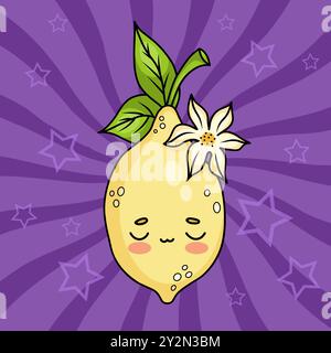 Grazioso limone giallo con fiori e foglie. Carta fresca con simpatico personaggio di frutta kawaii dei cartoni animati. Illustrazione vettoriale Illustrazione Vettoriale