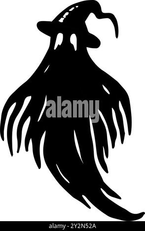 Fantasma spaventoso nel cappello. Illustrazione grafica di Halloween. Sagoma a linea isolata disegnata a mano. Monster clipart monocromatico per un invito, un santo spaventoso Illustrazione Vettoriale