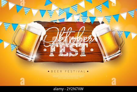Oktoberfest Beer Festival Banner Illustration with Fresh Lager Beer in the Mug, Bavaria Party Flag Garland e scritta tipografica su legno Illustrazione Vettoriale