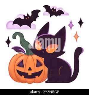 Biglietto d'auguri natalizio di Halloween con gatto nero, pipistrelli e zucca e nuvole. Concetto di trick o Treat Foto Stock