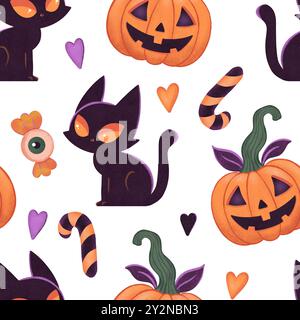Zucche di Halloween e gatti neri motivo senza cuciture su bianco. Divertenti zucche arancioni disegnate a mano. Caramelle, occhio Foto Stock