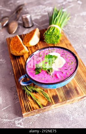 Zuppa tradizionale dell'europa orientale. Minestra estiva fredda di barbabietole, kefir, cetrioli, uova e aneto in un primo piano di ciotola blu. Cibo estivo, cuisi dell'Europa orientale Foto Stock