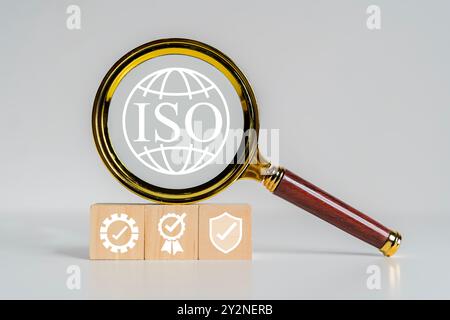 Standard attività di certificazione per il controllo della qualità. simbolo del segno di spunta che rappresenta il concetto aziendale certificato iso per il controllo e la garanzia della qualità. segno di Foto Stock