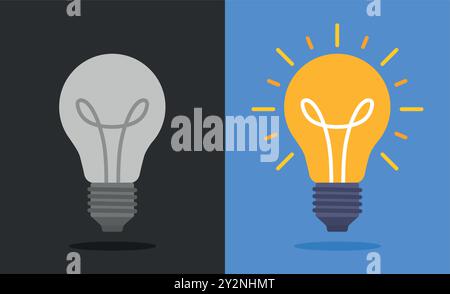 Spegnere e riaccendere le lampadine. Lampadina grigia spenta e lampadina gialla accesa. Vettore stile design piatto. Illustrazione Vettoriale