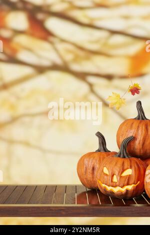 Piano portapaziente in legno con spazio vuoto per l'esposizione dei prodotti e le zucche, su un caldo sfondo autunnale. Tema di Halloween. Mock-up per la presentazione del prodotto Foto Stock