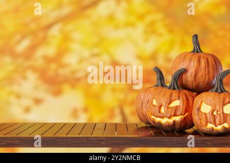 Piano portapaziente in legno con spazio vuoto per l'esposizione dei prodotti e le zucche, su un caldo sfondo autunnale. Tema di Halloween. Mock-up per la presentazione del prodotto Foto Stock