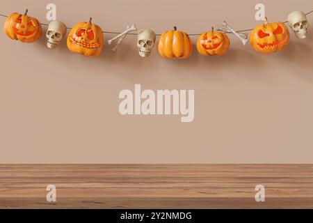 Piano portapaziente in legno con spazio vuoto per l'esposizione dei prodotti, zucche e ossa garland sullo sfondo. Tema di Halloween. Mock-up per la presentazione del prodotto Foto Stock