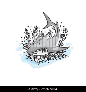 Illustrazione vettoriale di squalo e fiore disegnata a mano Illustrazione Vettoriale