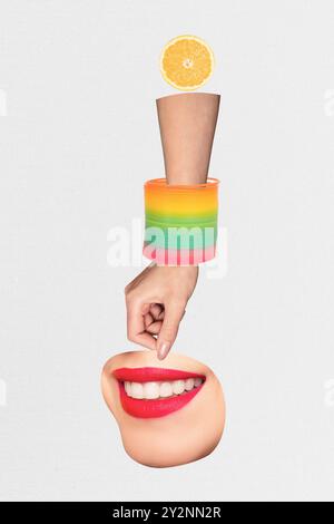 Immagine collage grafica di donna divertente sorridente braccio tenere parte puzzle faccia femminile isolata su sfondo disegno Foto Stock