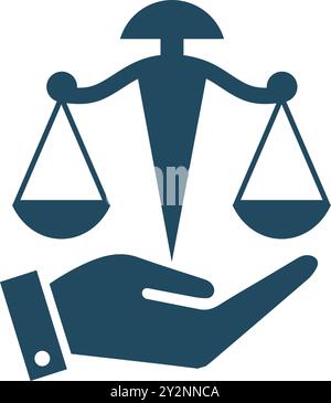Design del logo dello studio legale. Bilancia su una mano. Illustrazione Vettoriale