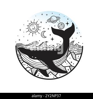 balene e pianeti disegnati a mano nel sistema solare. Spazio astronomico della galassia. Schizzo. Illustrazione incisa Illustrazione Vettoriale