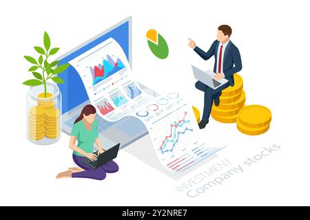 Azioni Isometric Investment Company. Investimenti in azioni societarie. Investimenti monetari e profitti. Successo nel business e negli investimenti. Finanziario e. Illustrazione Vettoriale