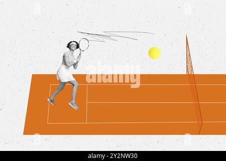 Foto collage creativo giovane ragazza allegra tennista palla campo da gioco sportivo hobby professionale torneo di disegno doodles Foto Stock