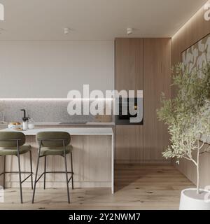 Cucina dal design moderno con pietra naturale - dettagli degli interni con rubinetto ed elettrodomestici. Bianco Montorfano Foto Stock