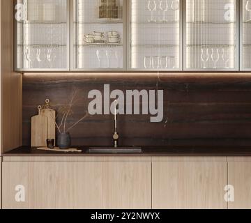 Cucina dal design moderno con pietra naturale - dettagli degli interni con rubinetto ed elettrodomestici. Schema di illuminazione dell'abitacolo. Marmo di Duetto Foto Stock