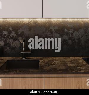 Cucina dal design moderno con granito in pietra naturale Mystic Grey. Piano in pietra e isola con dettagli di rubinetteria interna ed elettrodomestici. Foto Stock