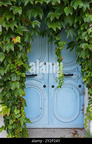 Parigi, Francia 09.10.2024. Una splendida porta color pastello blu che si nasconde dietro l'edera che si arrampica nel quartiere Montmartre di Parigi Foto Stock