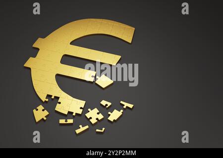 Puzzle dorato a forma di simbolo dell'euro isolato su sfondo scuro. illustrazione 3d. Foto Stock