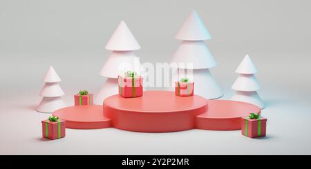 Podio natalizio con alberi e regali su sfondo bianco. illustrazione 3d. Foto Stock