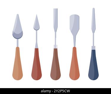Set di coltelli palette di diverse forme. Attrezzatura per l'applicazione della vernice su tela, la miscelazione dei colori, la levigatura. Illustrazione vettoriale Illustrazione Vettoriale