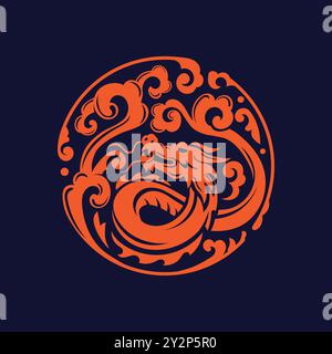 Felice anno nuovo cinese 2024. L'anno del Drago. Logo rosso drago cinese, nuvole asiatiche Illustrazione Vettoriale