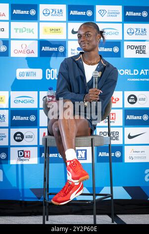 Lembeke, Belgio. 11 settembre 2024. Julien Alfred, nella foto, durante una conferenza stampa sulla 48a edizione del Memorial Van Damme, evento di atletica leggera a Bruxelles, mercoledì 11 settembre 2024. L'Allianz Memorial Van Damme Diamond League Meeting 2024 si svolge il 13 e 14 settembre 2O24. BELGA PHOTO JAMES ARTHUR GEKIERE credito: Belga News Agency/Alamy Live News Foto Stock