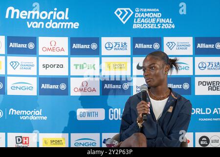 Lembeke, Belgio. 11 settembre 2024. Julien Alfred, nella foto, durante una conferenza stampa sulla 48a edizione del Memorial Van Damme, evento di atletica leggera a Bruxelles, mercoledì 11 settembre 2024. L'Allianz Memorial Van Damme Diamond League Meeting 2024 si svolge il 13 e 14 settembre 2O24. BELGA PHOTO JAMES ARTHUR GEKIERE credito: Belga News Agency/Alamy Live News Foto Stock