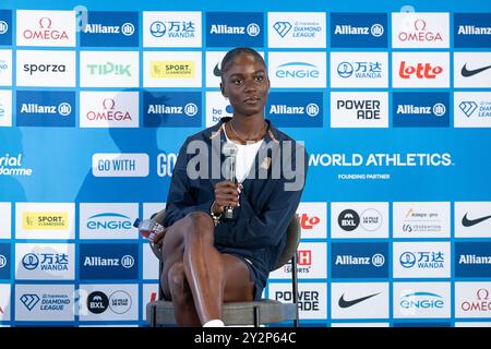 Lembeke, Belgio. 11 settembre 2024. Julien Alfred, nella foto, durante una conferenza stampa sulla 48a edizione del Memorial Van Damme, evento di atletica leggera a Bruxelles, mercoledì 11 settembre 2024. L'Allianz Memorial Van Damme Diamond League Meeting 2024 si svolge il 13 e 14 settembre 2O24. BELGA PHOTO JAMES ARTHUR GEKIERE credito: Belga News Agency/Alamy Live News Foto Stock