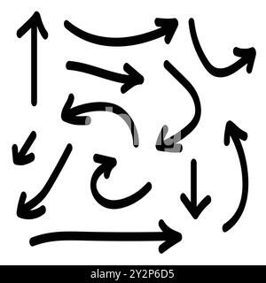 Caotico vettore disegnato a mano frecce nere in varie direzioni, curvilinee e intersecanti. Illustrazione Vettoriale