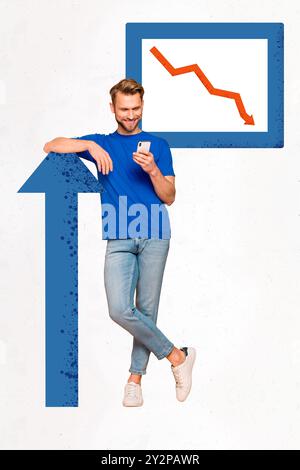 Collage artwork sketch di un uomo felice sorridente che guarda l'analisi isolata sullo sfondo del disegno Foto Stock