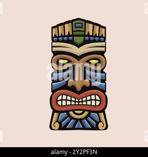 Colorata illustrazione vettoriale della maschera tribale in legno Tiki disegnata a mano. Elemento di design per emblema, cartello, poster, scheda, striscione. Illustrazione Vettoriale