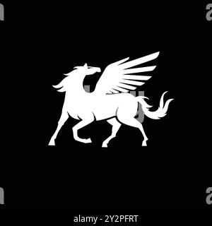 Immagine vettoriale di una silhouette di una creatura mitica di pegaso su sfondo nero. Cavallo con ali sulle zampe posteriori. Illustrazione Vettoriale