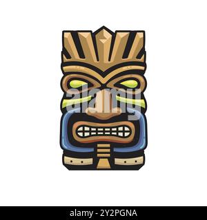 Colorata illustrazione vettoriale della maschera tribale in legno Tiki disegnata a mano. Elemento di design per emblema, cartello, poster, scheda, striscione. Illustrazione Vettoriale