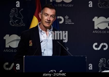 Madrid, Spagna. 11 settembre 2024. Conferenza stampa della nazionale spagnola di rugby femminile XV. Vicepresidente area Marketing, comunicazione e sponsorizzazione della Federazione reale spagnola di rugby, Eugenio Martinez Bravo. Crediti: EnriquePSans/Alamy Live News Foto Stock