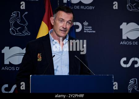 Madrid, Spagna. 11 settembre 2024. Conferenza stampa della nazionale spagnola di rugby femminile XV. Vicepresidente area Marketing, comunicazione e sponsorizzazione della Federazione reale spagnola di rugby, Eugenio Martinez Bravo. Crediti: EnriquePSans/Alamy Live News Foto Stock