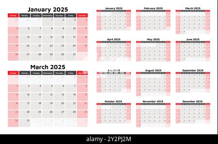 calendario 2025. Una raccolta vettoriale di calendari mensili inglesi. Design con inizio domenica Illustrazione Vettoriale