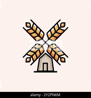 Mulino a vento in stile lineare con sweep come orecchie di grano, mulino con lame sotto forma di grano. Illustrazione Vettoriale