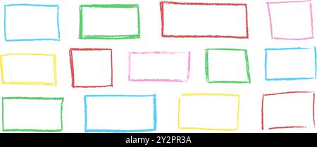 Set di telai disegnati a mano a matita di cera. Collezione di scritti di bambini di forme rettangolari e geometriche quadrate pastello. Illustrazione vettoriale. Colorato Illustrazione Vettoriale